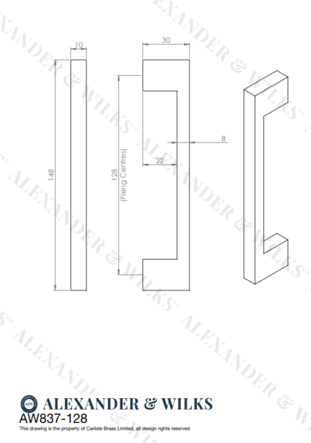 Alexander & Wilks Marco Cupboard Pull Handle - Polished Chrome - 128mm - Image 2