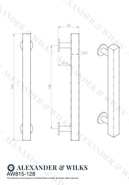 Alexander & Wilks Square T-Bar Cabinet Pull Handle - Antique Brass - Centres 128mm - Image 2