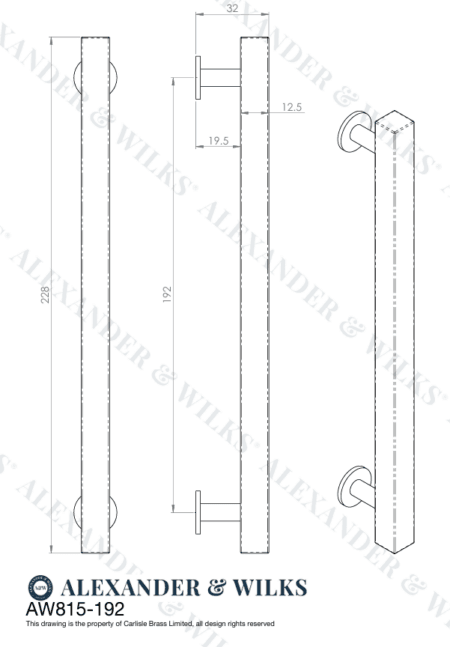 Alexander & Wilks Square T-Bar Cabinet Pull Handle - Polished Nickel - Centres 192mm - Image 2