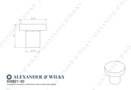 Alexander & Wilks Hanover Plain Cupboard Knob - Satin Brass - Knob 30mm - Image 2