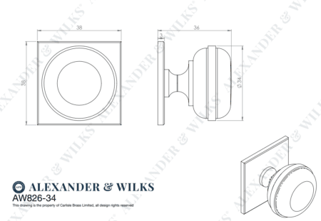 Alexander & Wilks Quantock Cupboard Knob on Square Backplate - Black - 34mm - Image 2