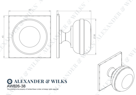Alexander & Wilks Quantock Cupboard Knob on Square Backplate - Satin Brass PVD - 38mm - Image 2