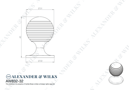 Alexander & Wilks Caesar Cupboard Knob on Round Rose - Satin Brass PVD - 32mm - Image 2