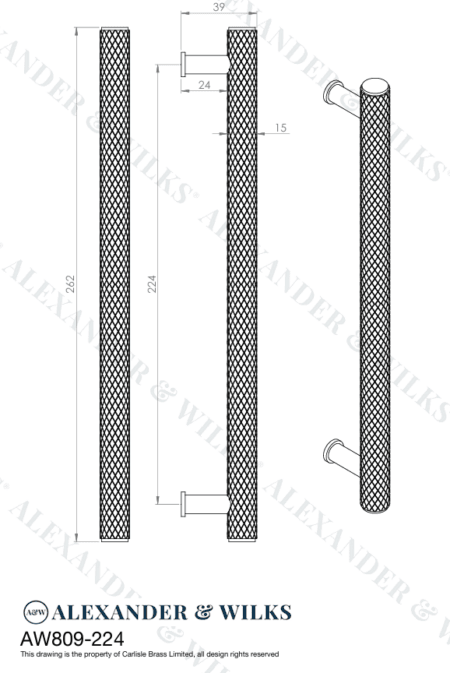 Alexander & Wilks Crispin Knurled T-bar Cupboard Pull Handle - Antique Brass - Centres 224mm - Image 2