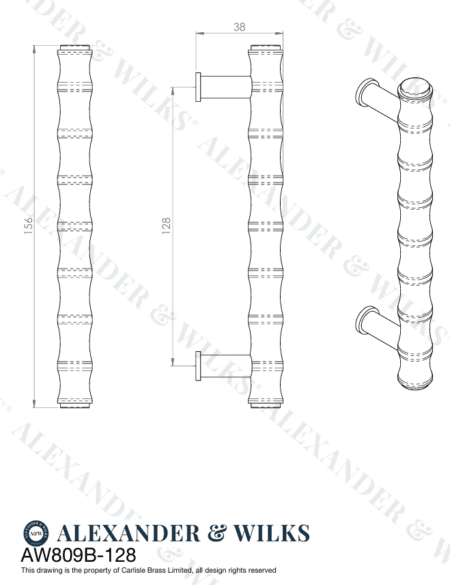 Alexander & Wilks Crispin Bamboo T-bar Cupboard Pull Handle - Black - 128mm Centres - Image 2