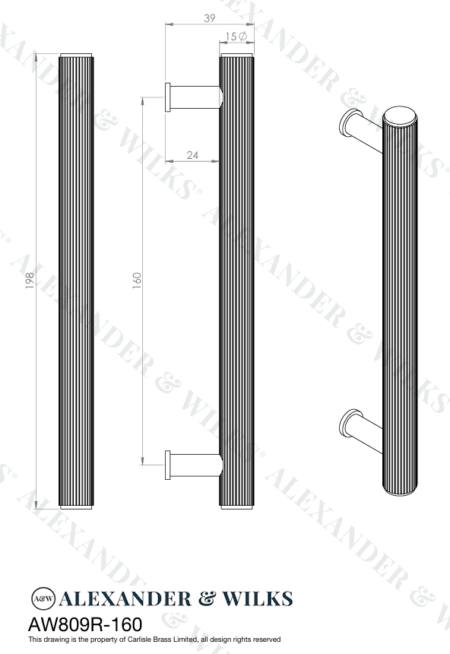 Alexander & Wilks Crispin Reeded T-bar Cupboard Pull Handle - Black - 160mm - Image 2