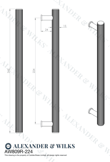 Alexander & Wilks Crispin Reeded T-bar Cupboard Pull Handle - Satin Nickel - 224mm - Image 2