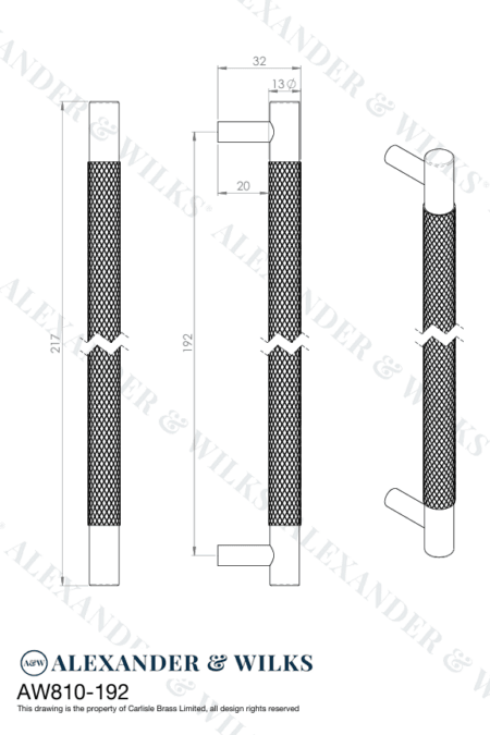 Alexander & Wilks Brunel Knurled T-Bar Cupboard Handle - Antique Brass - Centres 192mm - Image 2