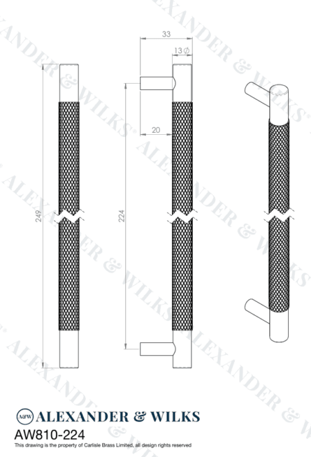 Alexander & Wilks Brunel Knurled T-Bar Cupboard Handle - Satin Brass PVD - Centres 224mm - Image 2