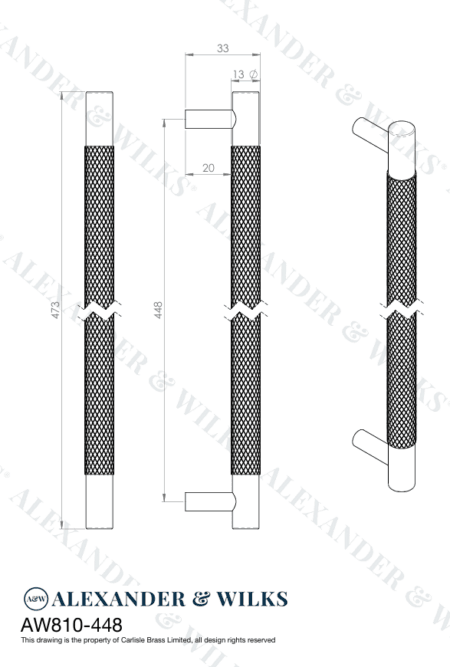 Alexander & Wilks Brunel Knurled T-Bar Cupboard Handle - Satin Nickel - Centres 448mm - Image 2
