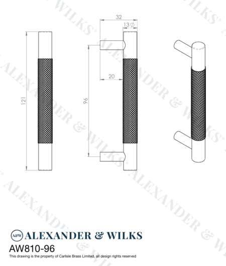 Alexander & Wilks Brunel Knurled T-Bar Cupboard Handle - Satin Brass PVD - Centres 96mm - Image 2