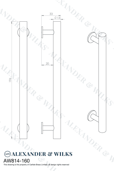 Alexander & Wilks Round T-Bar Cabinet Pull Handle - Satin Brass - Centres 160mm - Image 2