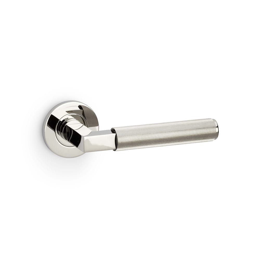 aw202pnpvd.jpg Alexander & Wilks Hurricane Reeded Lever on Round Rose - Polished Nickel PVD - Image 1