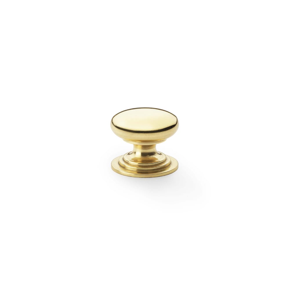 aw825-25-pbl.jpg Alexander & Wilks Waltz Round Cupboard Knob On Stepped Rose - Polished Brass - 25mm - Image 1