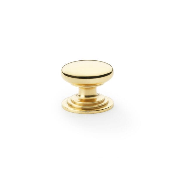 Alexander & Wilks Waltz Round Cupboard Knob On Stepped Rose - Polished Brass - 32mm