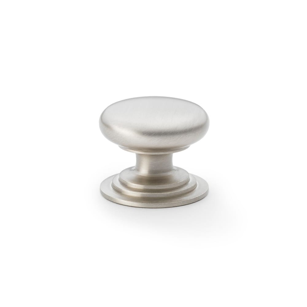 aw825-38-sn.jpg Alexander & Wilks Waltz Round Cupboard Knob on Stepped Rose - Satin Nickel - 38mm - Image 1