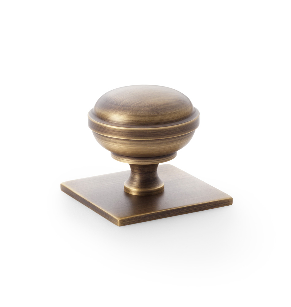 aw826-38-ab Alexander & Wilks Quantock Cupboard Knob on Square Backplate - Antique Brass - 38mm - Image 1