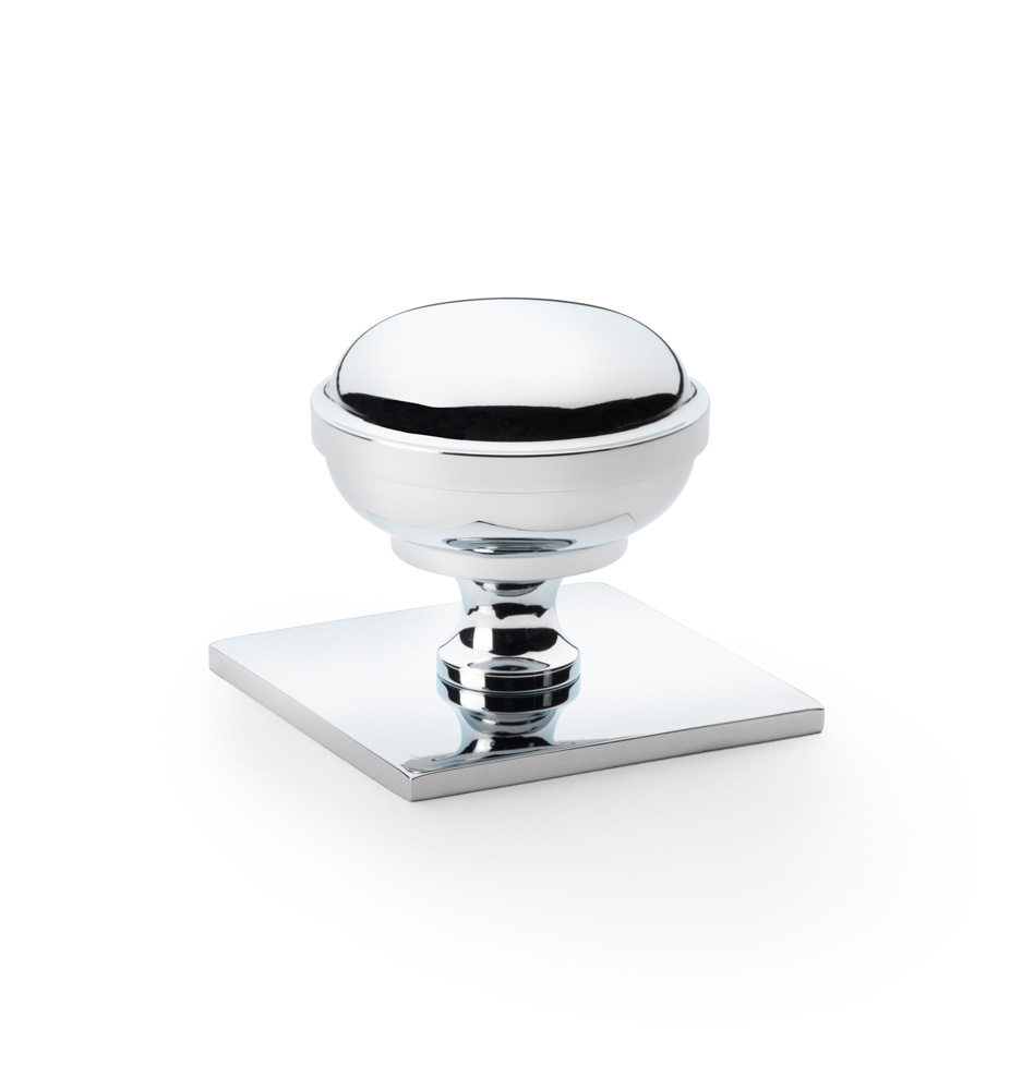 aw826-38-pc Alexander & Wilks Quantock Cupboard Knob on Square Backplate - Polished Chrome - 38mm - Image 1
