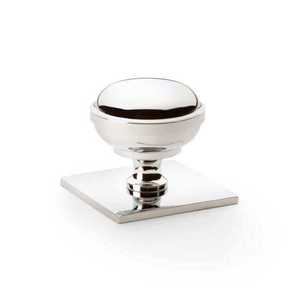 Alexander & Wilks Quantock Cupboard Knob On Square Backplate - Polished Nickel - 38mm