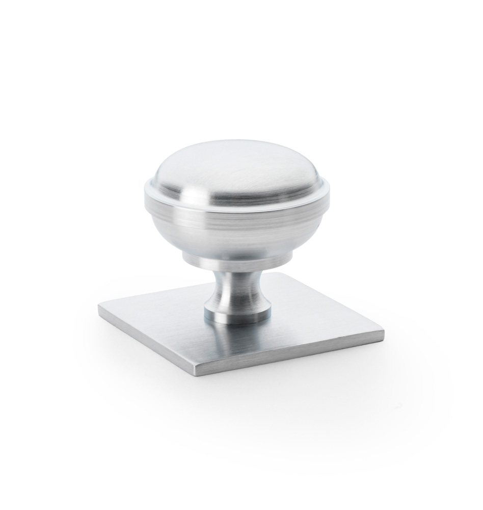 aw826-38-sc Alexander & Wilks Quantock Cupboard Knob on Square Backplate - Satin Chrome - 38mm - Image 1