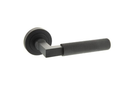 Matt Black Millhouse Brass Cartwright Knurled Lever Door Handle on Round Rose - (MHR200MB)