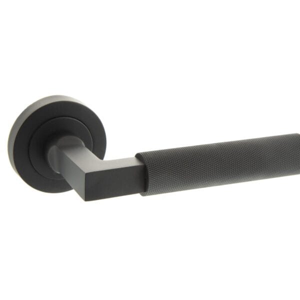 Matt Black Millhouse Brass Cartwright Knurled Lever Door Handle on Round Rose - (MHR200MB)