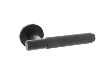 Matt Black Millhouse Brass Crompton Knurled Lever Door Handle on 5mm Slimline Round Rose - (MHSR100MB)