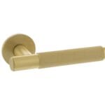 Satin Brass Millhouse Brass Crompton Knurled Lever Door Handle on 5mm Slimline Round Rose - (MHSR100SB)