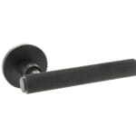 Matt Black Millhouse Brass Stephenson Knurled Lever Door Handle on 5mm Slimline Round Rose - (MHSR250MB)