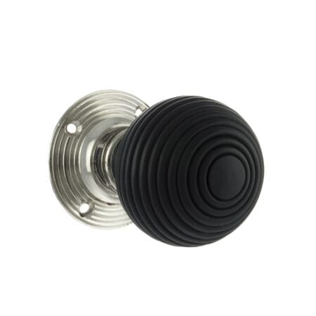 Atlantic Polished Nickel Old English Whitby Ebony Wood Reeded Beehive Mortice Knob on Face Fix Rose - (OE60RREMKPN)