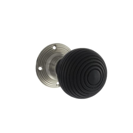 Atlantic Satin Nickel Old English Whitby Ebony Wood Reeded Beehive Mortice Knob on Face Fix Rose - (OE60RREMKSN)