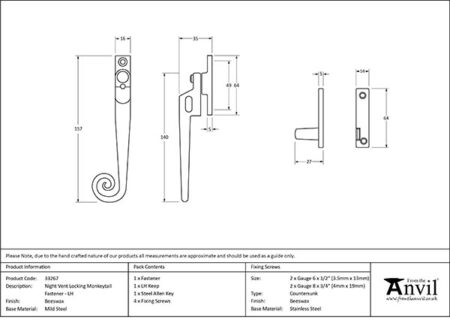 Beeswax LH Locking Night-vent Monkeytail Fastener | 33267 - Image 2
