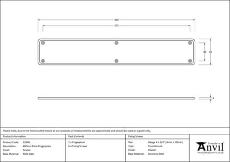 Pewter 400mm Plain Fingerplate | 33390 - Image 2