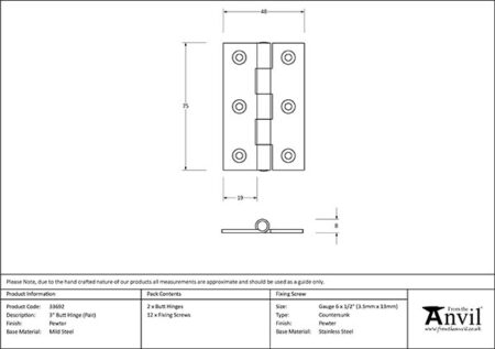Pewter 3" Butt Hinge (pair) | 33692 - Image 2