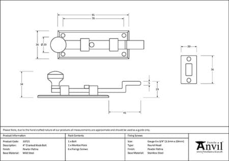 Pewter 4" Cranked Knob Bolt | 33721 - Image 2