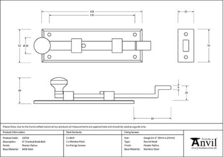 Pewter 6" Cranked Knob Bolt | 33724 - Image 2