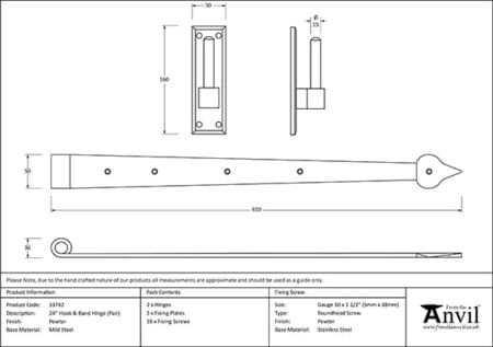 Pewter 24" Hook & Band Hinge (pair) | 33742 - Image 2