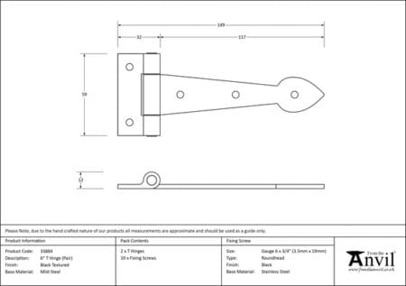 Black Textured 6" Cast T Hinge (pair) | 33884 - Image 2
