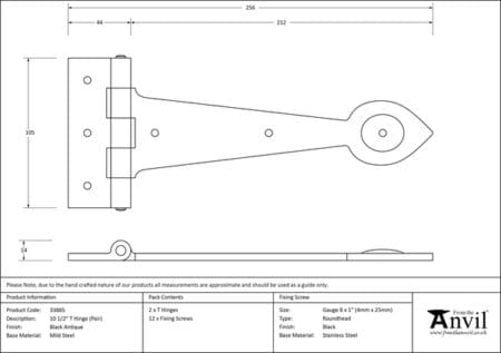 Black Textured 10½" Cast T Hinge (pair) | 33885 - Image 2