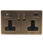 Eurolite Concealed 3mm 2 Gang 13Amp Switched Socket With Usb C Ant Brass - Antique Brass Eurolite Concealed 3mm 2 Gang 13Amp Switched Socket With Usb C Ant Brass - Antique Brass (AB2USBCB)