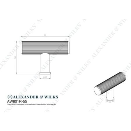 Alexander & Wilks Crispin Reeded T-bar Cupboard Knob - Satin Brass PVD - Image 2