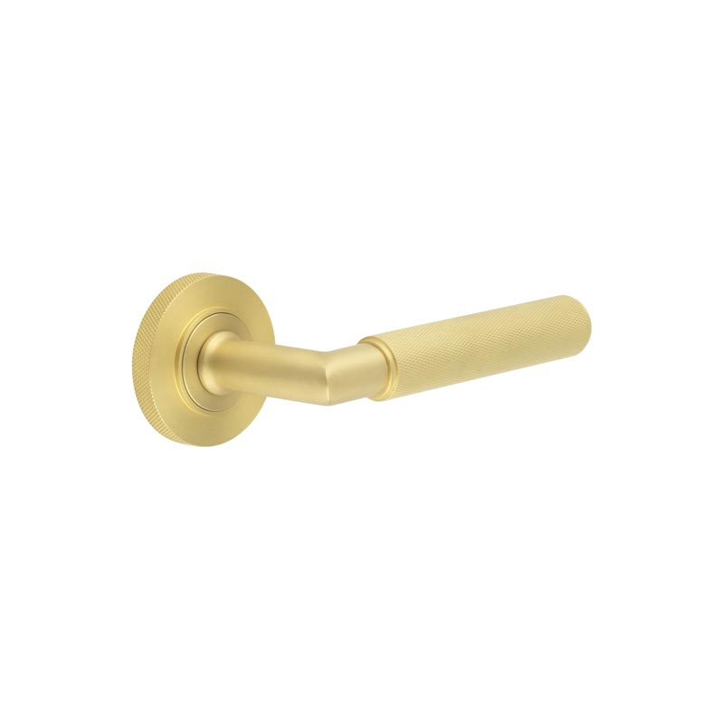 bur40kit239.jpg Frelan Piccadilly Door Handle on Knurled Rose Satin Brass - Image 1