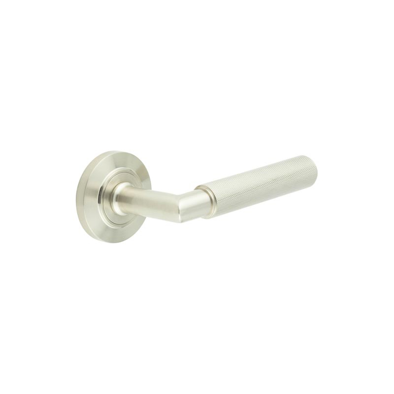 bur40kit314.jpg Frelan Piccadilly Door Handle on Chamfered Rose Satin Nickel - Image 1