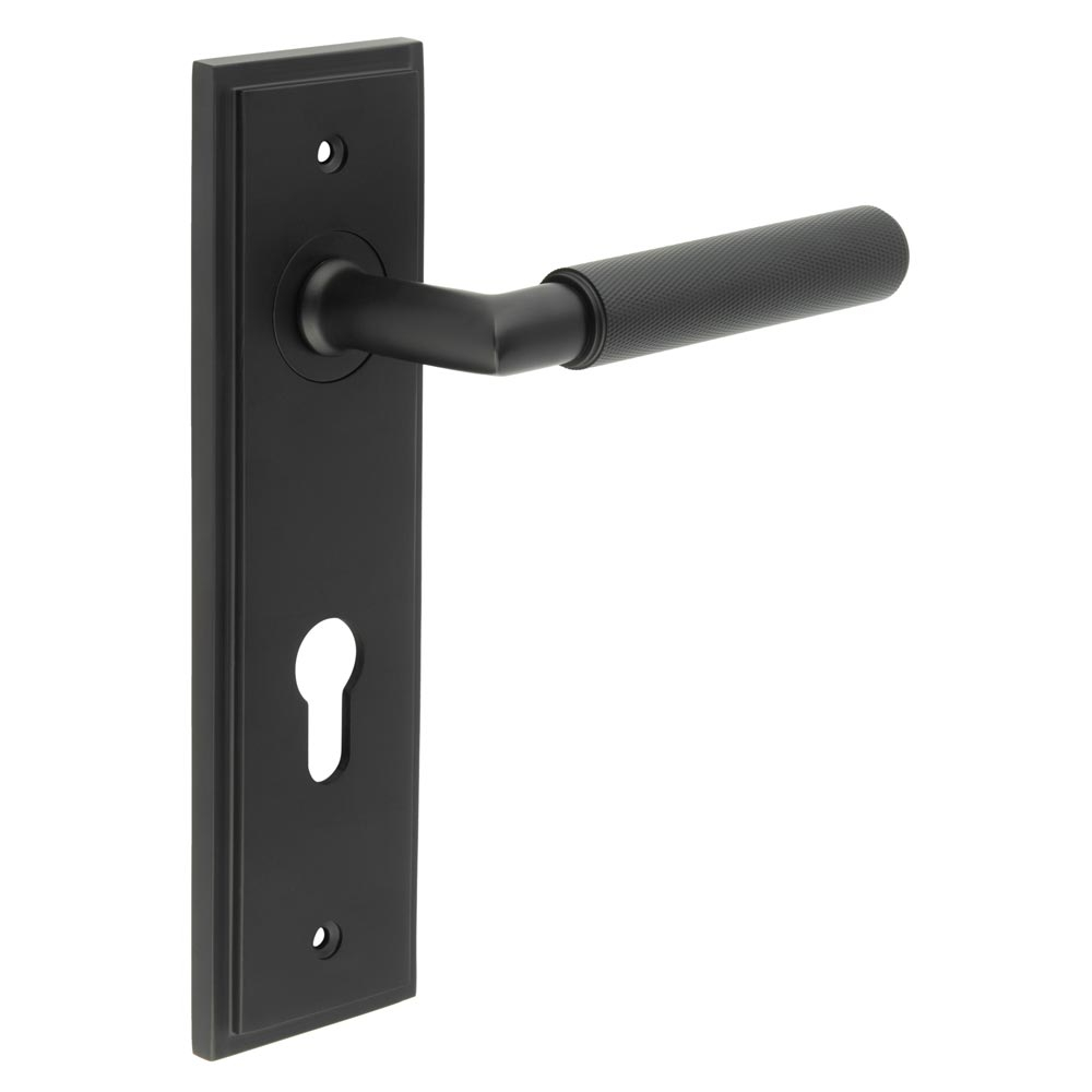 bur40kit337.jpg Frelan Piccadilly Door Handle Din Euro Backplate Matt Black - Image 1