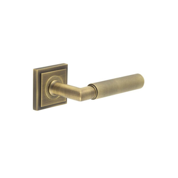 Frelan Piccadilly Door Handle on Stepped Square Rose Antique Brass