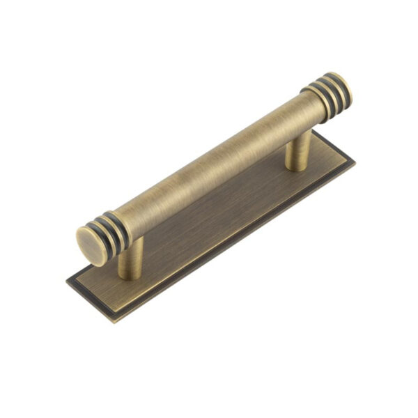 Frelan Hoxton Sturt Cabinet Handles 96mm Ctrs Stepped Backplate Antique Brass