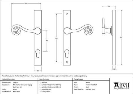 Black Monkeytail Slimline Lever Espag. Lock Set - LH | 33037L - Image 2