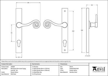 Pewter Monkeytail Slimline Lever Espag. Lock Set - RH | 33038R - Image 2
