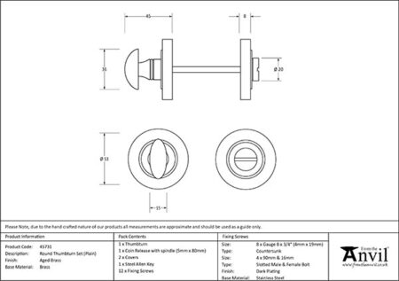 From the Anvil Aged Brass Round Thumbturn Set (Plain) - Image 2