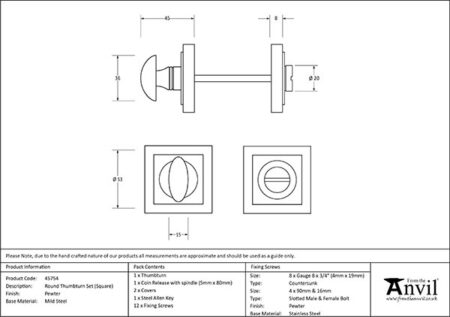 From the Anvil Pewter Round Thumbturn Set (Square) - Pewter Patina - Image 2